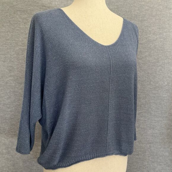 Free For Humanity Lagenlook Boxy Sweater One Size Metallic Blue Batwing Pullover - Picture 3 of 10